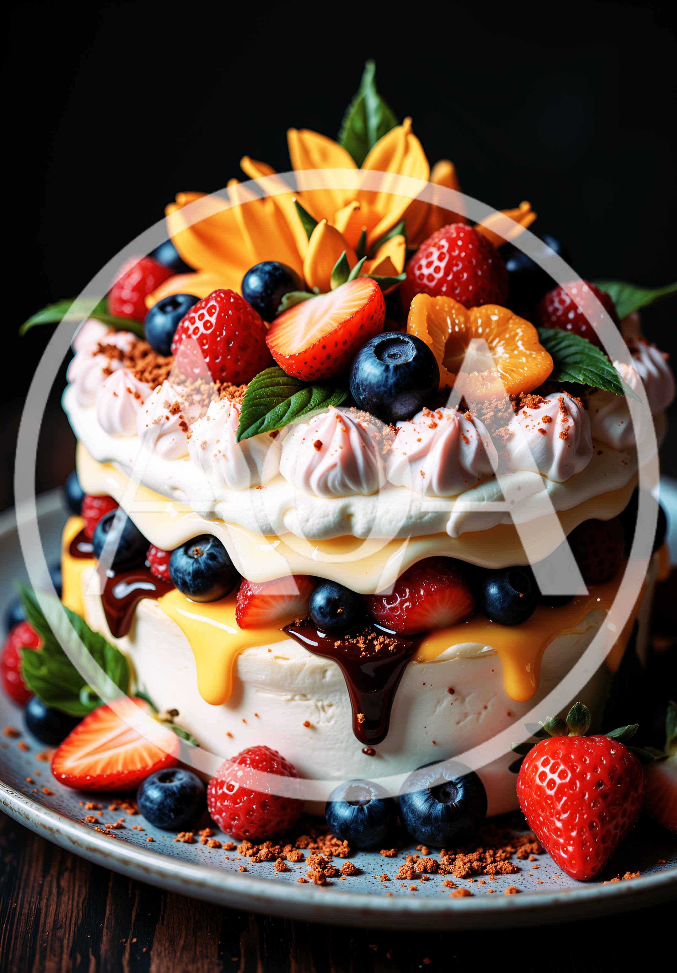 Gourmet Layered Fruit Cake With Chocolate Drizzle