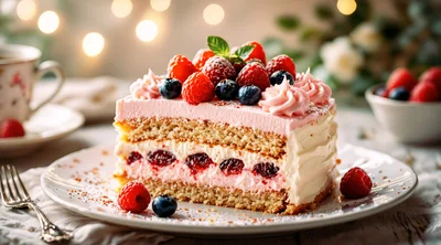 Slice of Berry Layer Cake on a Plate
