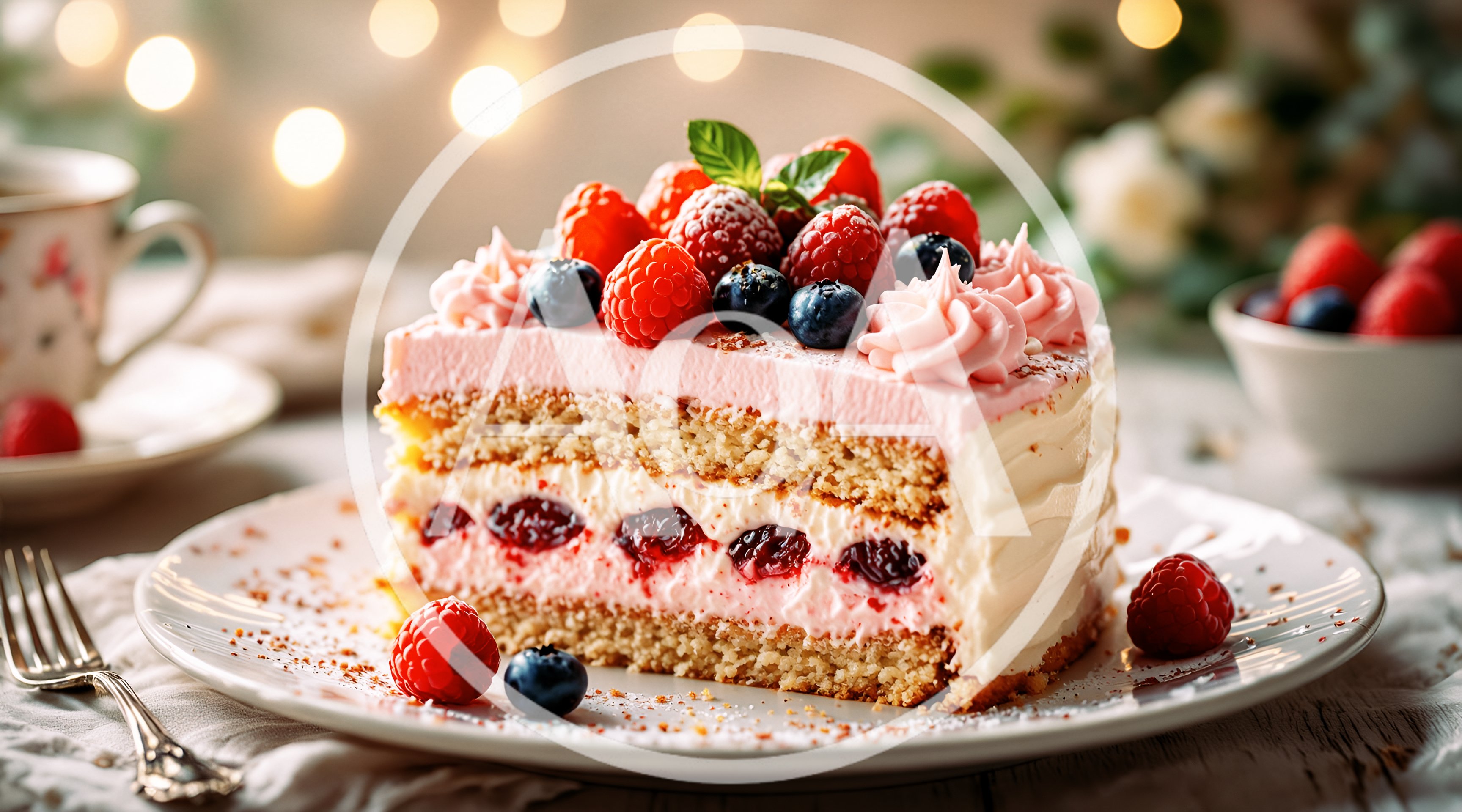 Slice of Berry Layer Cake on a Plate