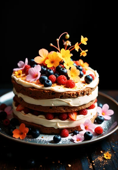 Layered Berry Cake Decorated With Edible Flowers