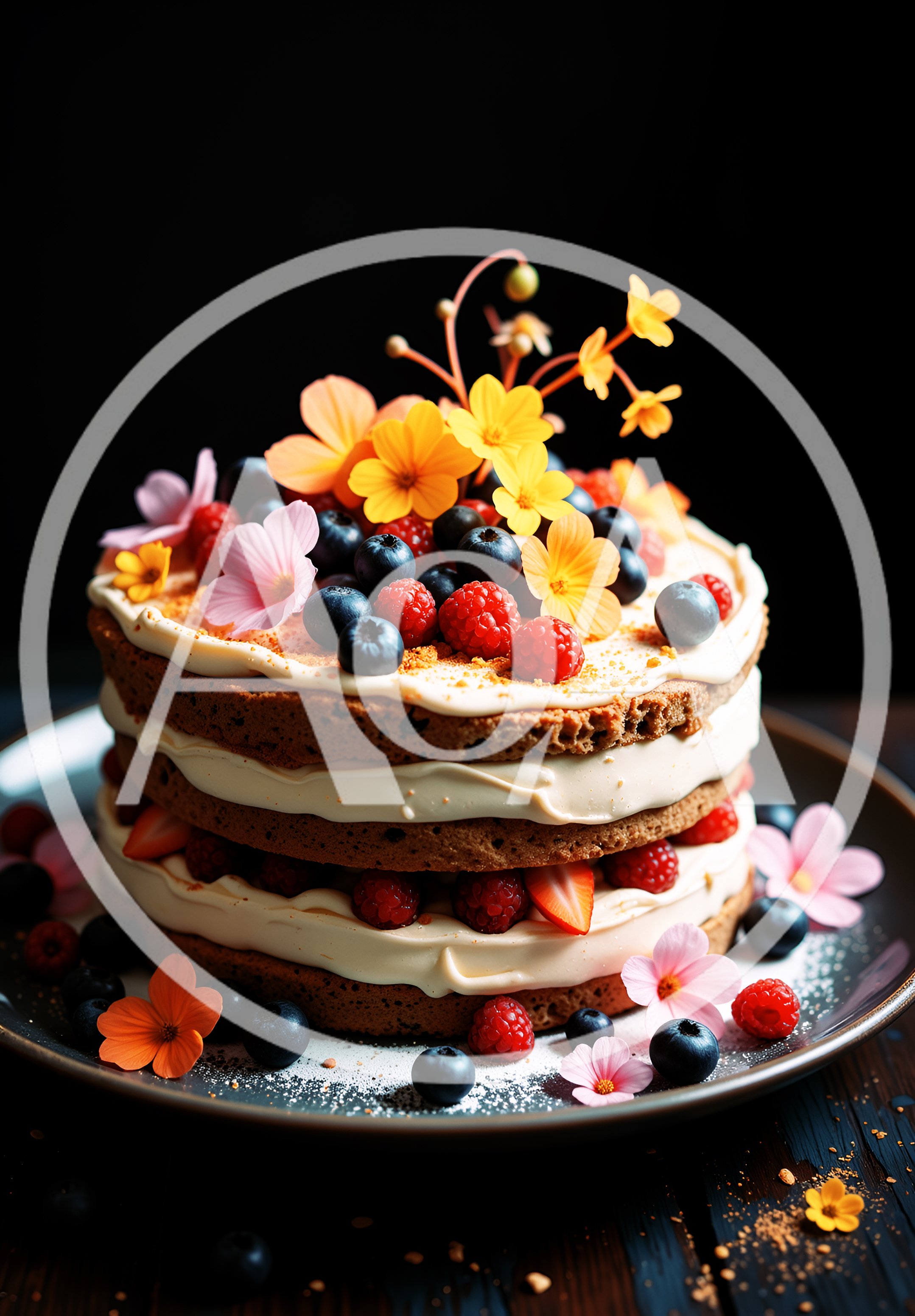 Layered Berry Cake Decorated With Edible Flowers