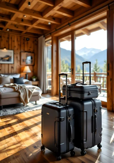 Black Luggage Set Standing In A Luxury Mountain Cabin