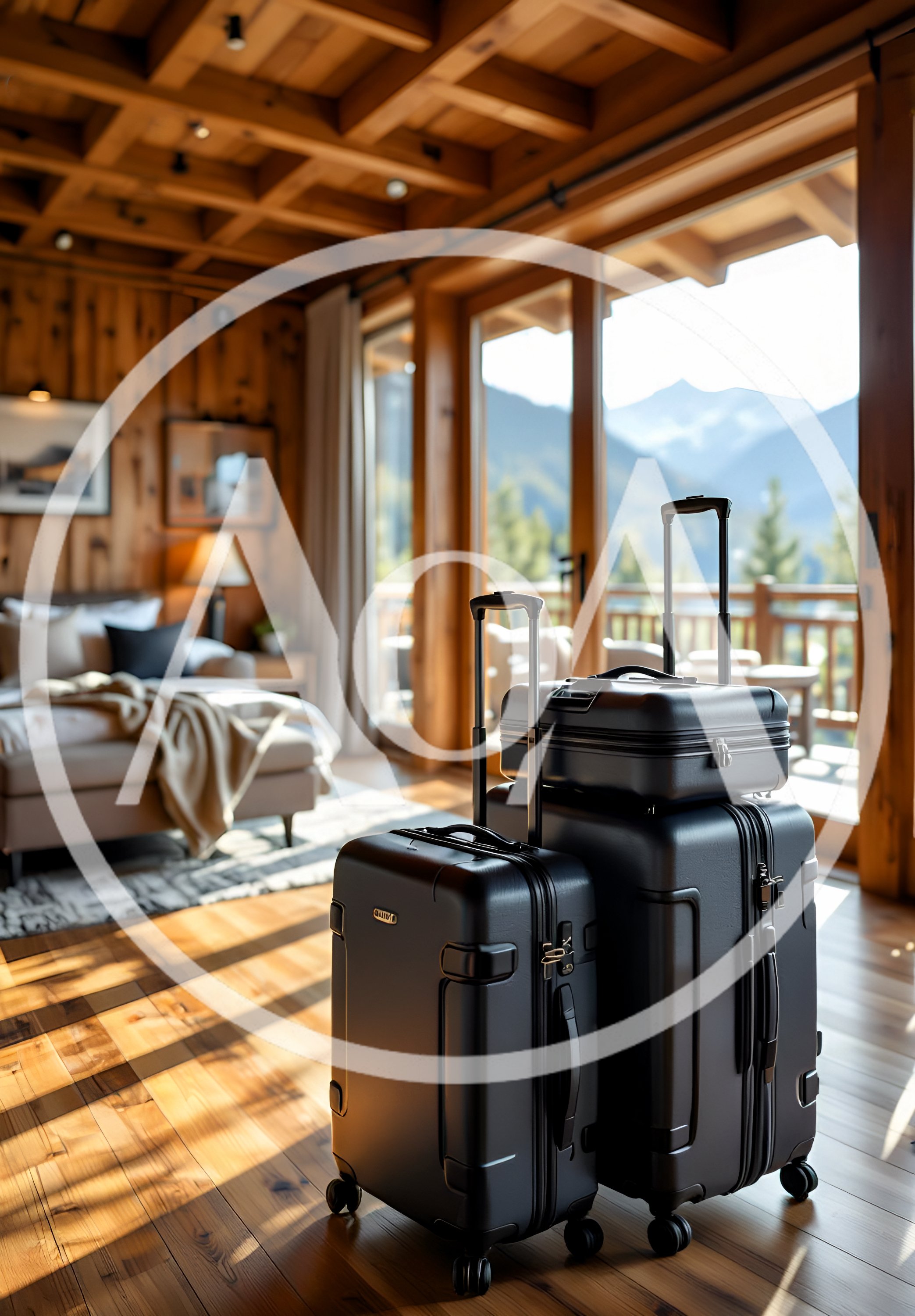 Black Luggage Set Standing In A Luxury Mountain Cabin