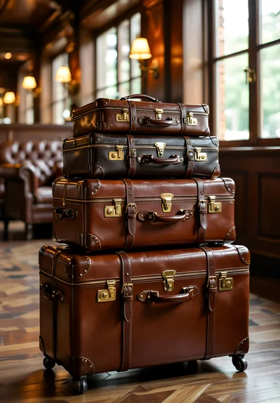 Stack Of Vintage Leather Suitcases In A Luxury Hotel