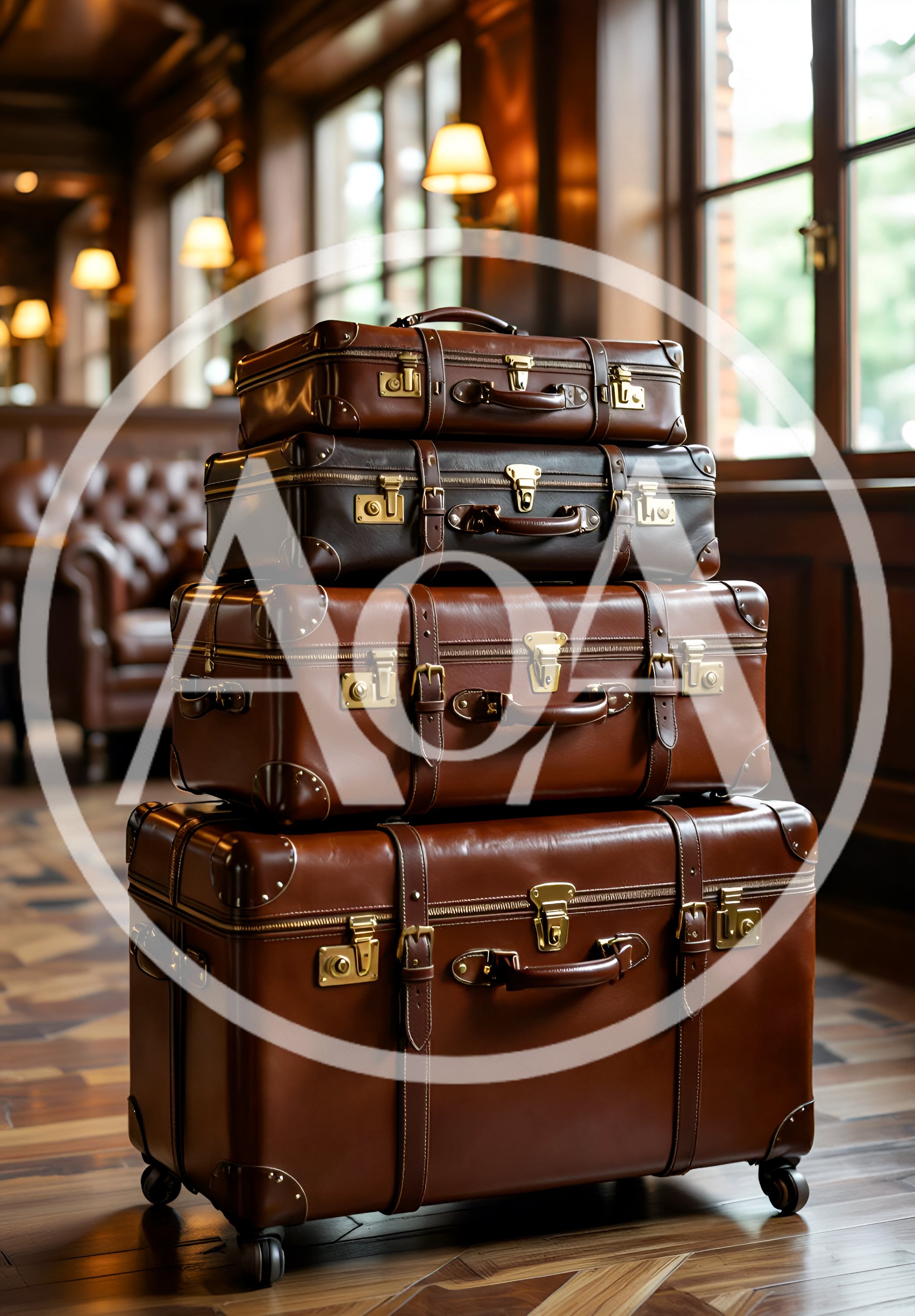 Stack Of Vintage Leather Suitcases In A Luxury Hotel