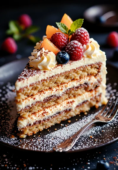 Slice Of Layered Fruit Cake On A Plate
