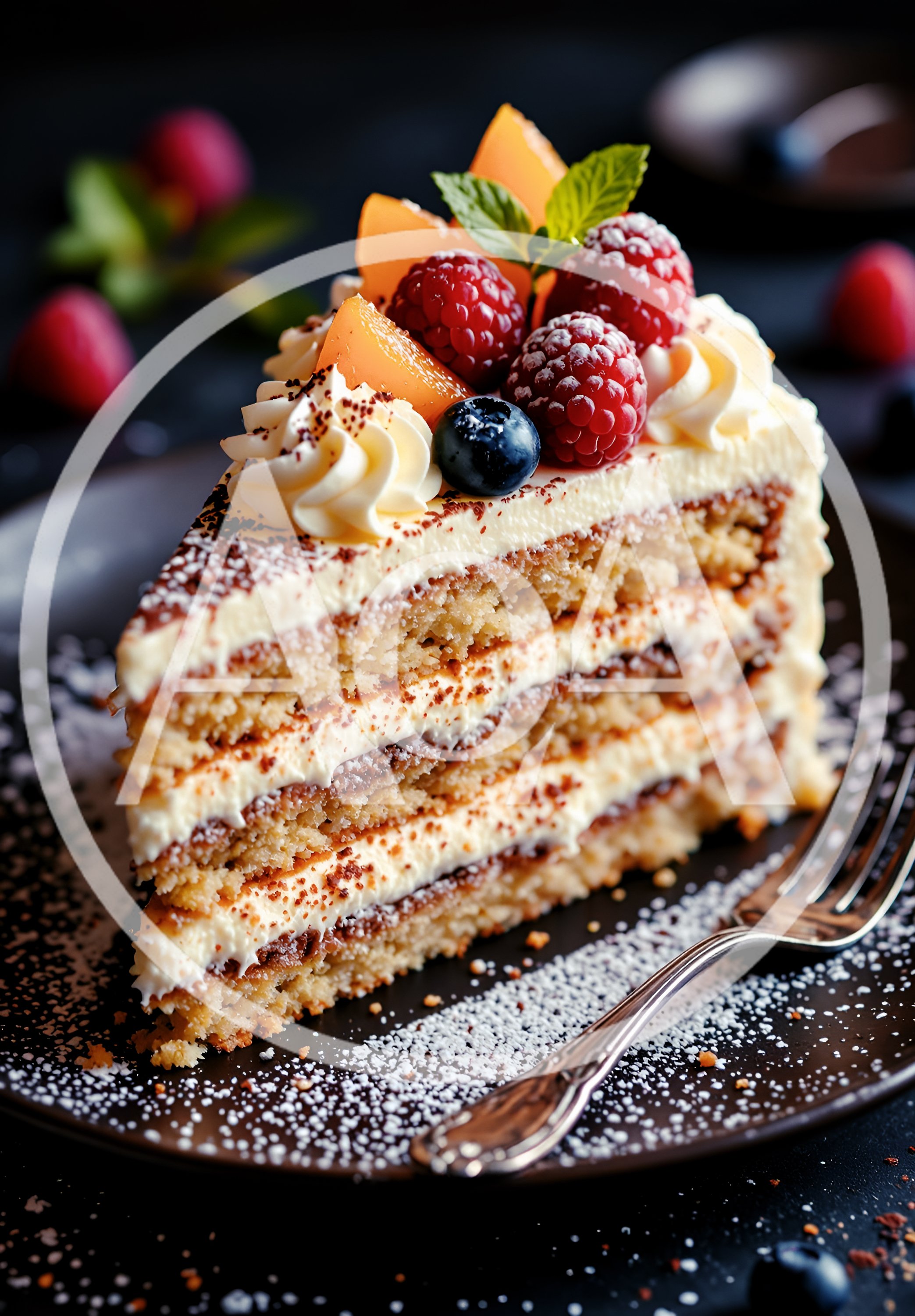 Slice Of Layered Fruit Cake On A Plate