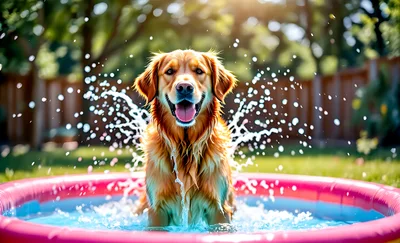 Golden Retriever Playing In A Pink Kiddie Pool
