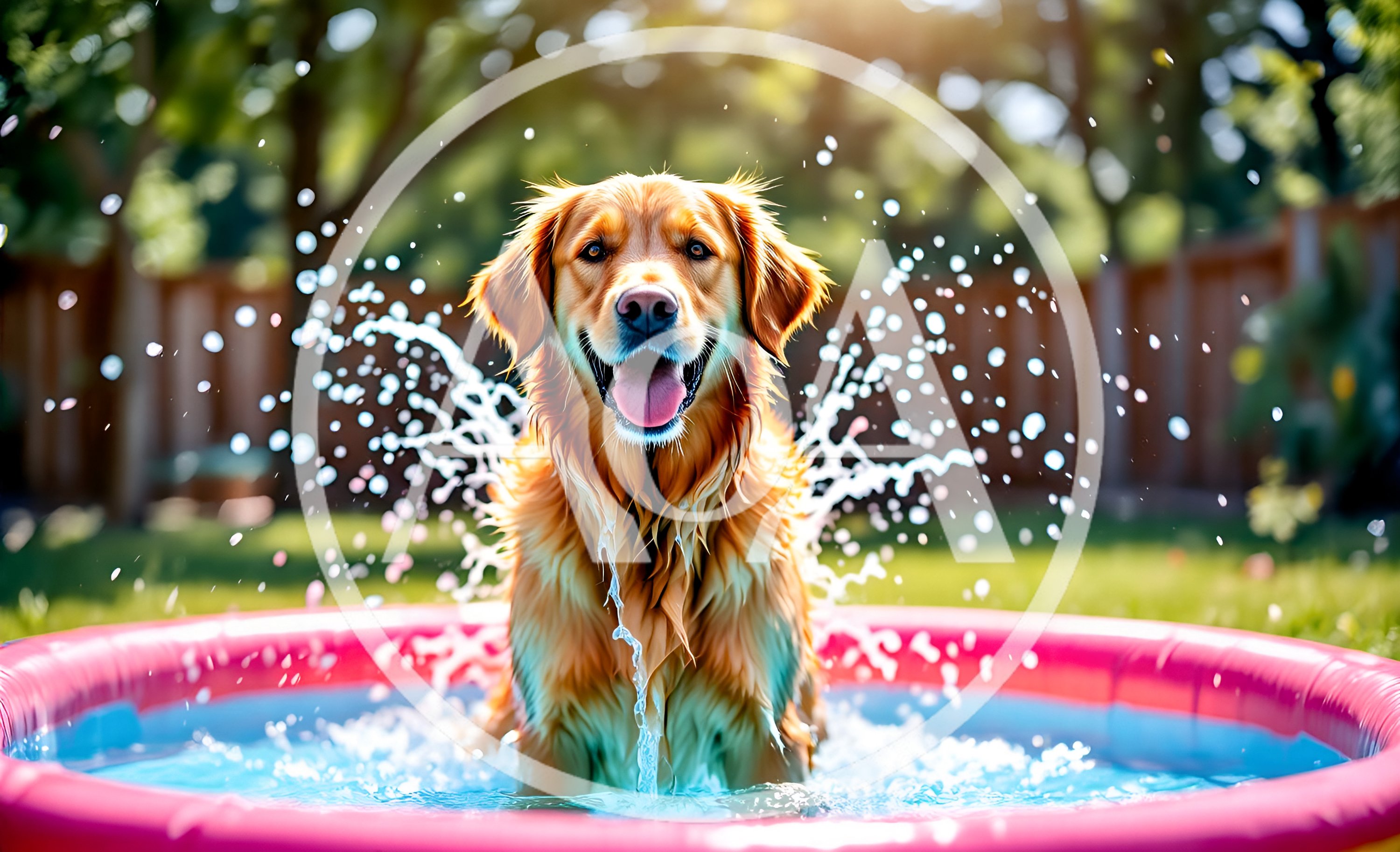 Golden Retriever Playing In A Pink Kiddie Pool