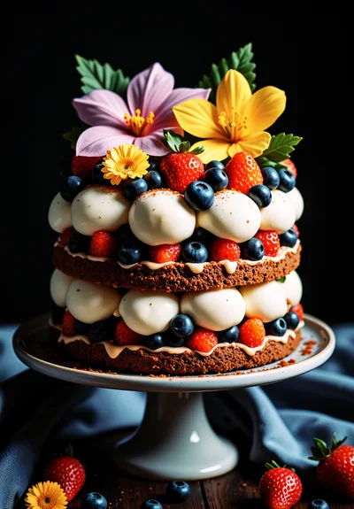 Layered Chocolate Cake Decorated With Fresh Berries And Flowers