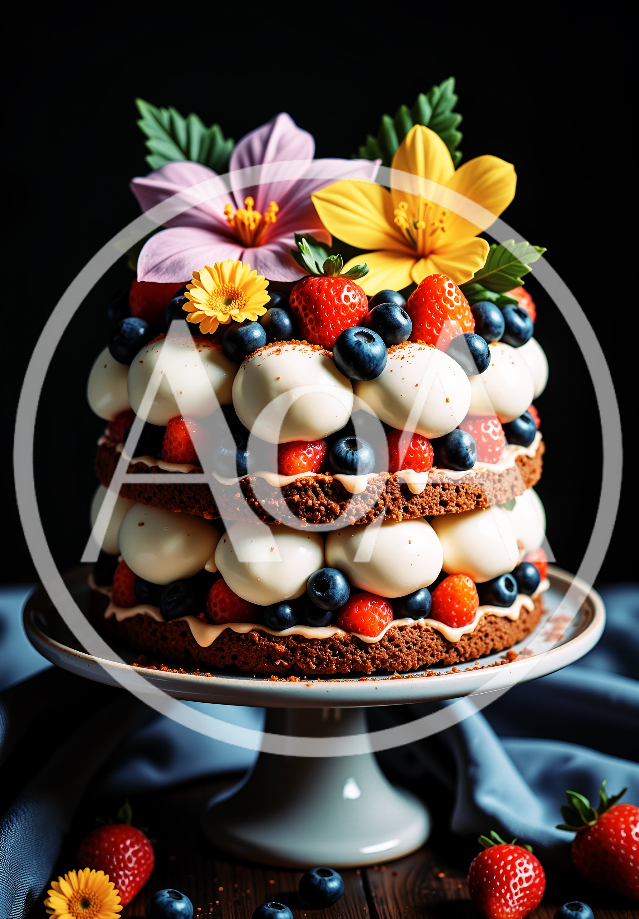 Layered Chocolate Cake Decorated With Fresh Berries And Flowers