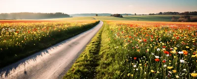 Scenic Country Road Through A Vibrant Wildflower Meadow