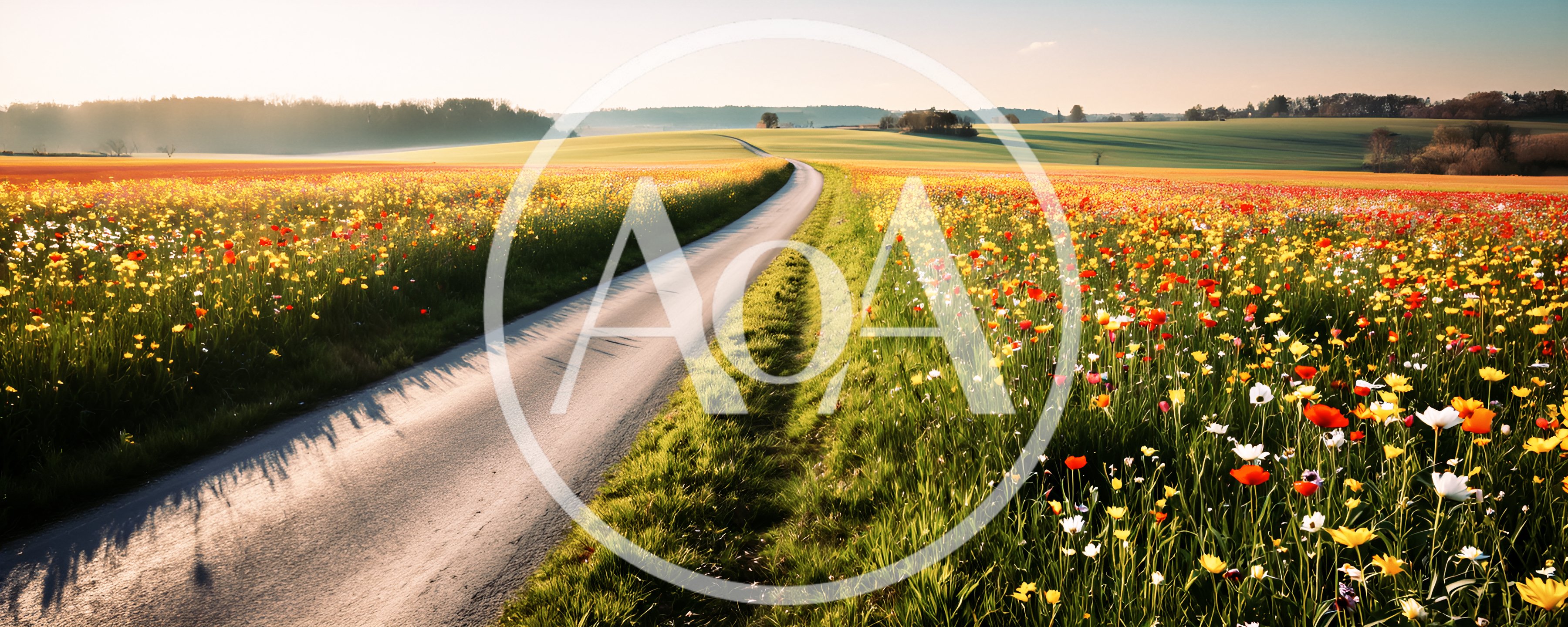 Scenic Country Road Through A Vibrant Wildflower Meadow