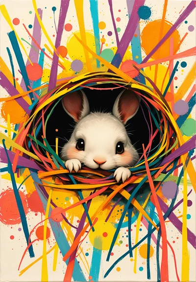 Cute White Rabbit Peeking Through Colorful Abstract Nest