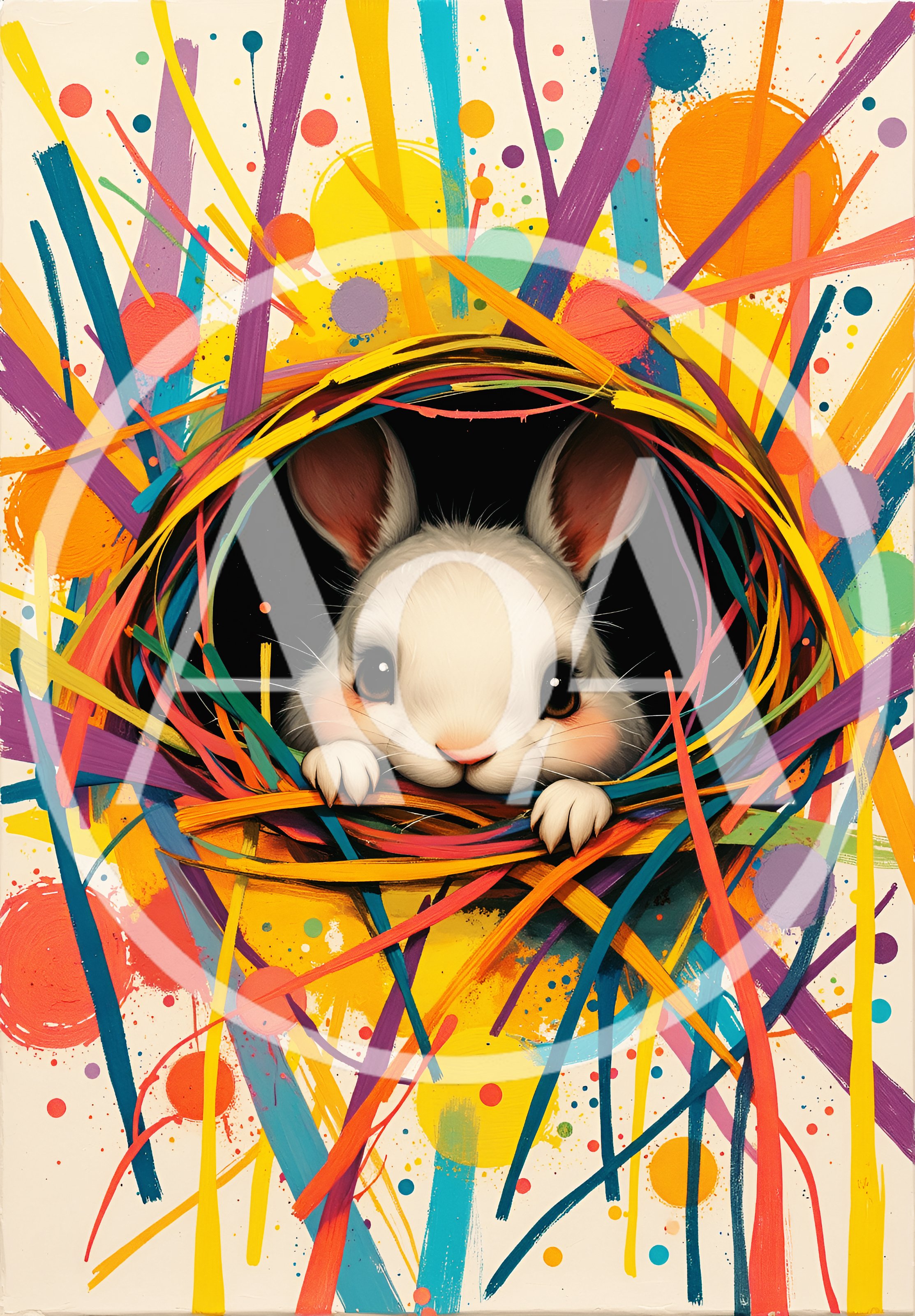 Cute White Rabbit Peeking Through Colorful Abstract Nest