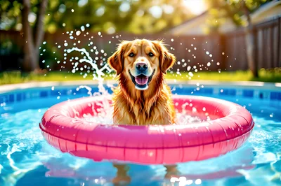 Golden Retriever Playing In A Backyard Swimming Pool