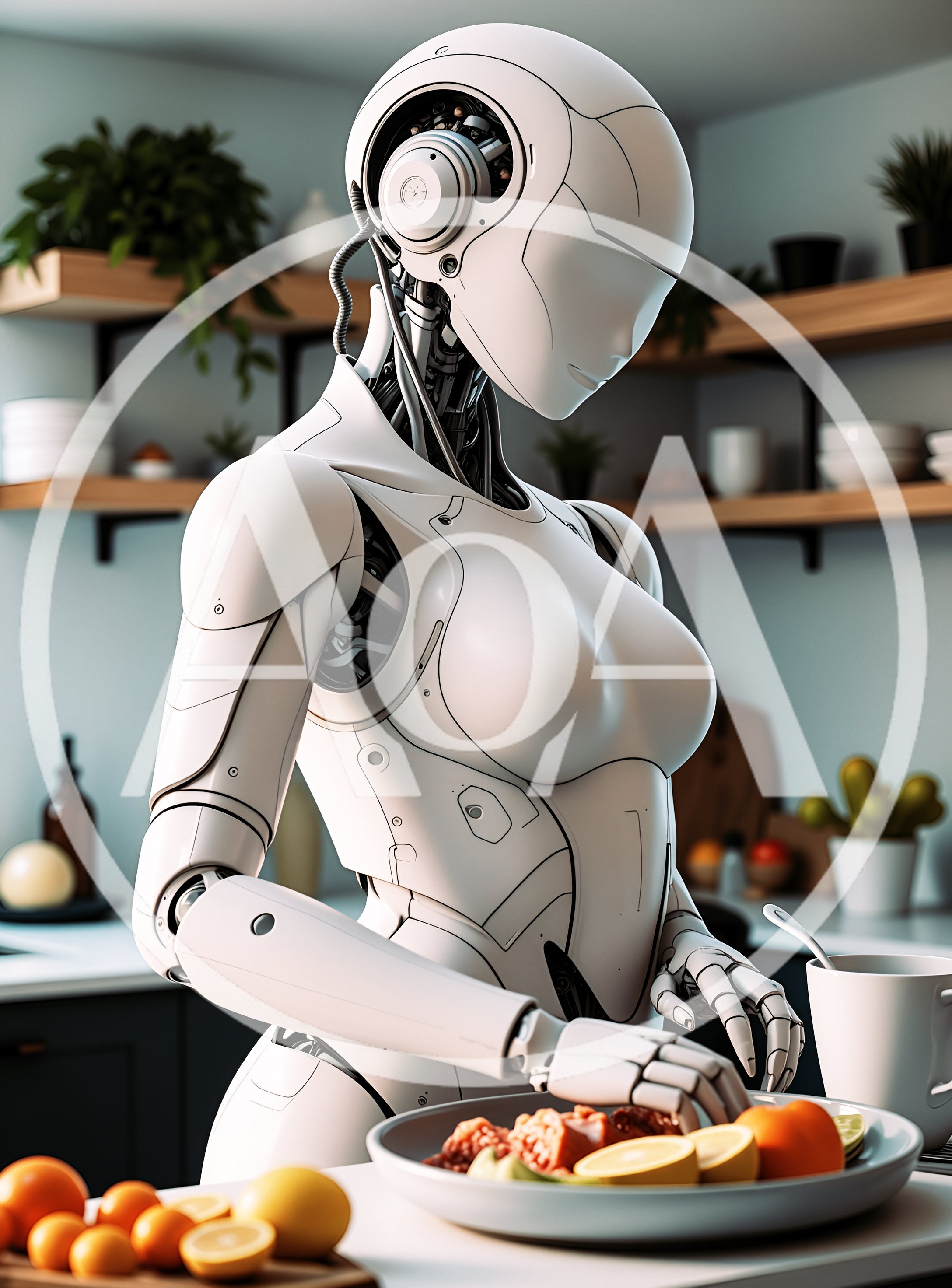 Humanoid Robot Preparing Fresh Fruit In Modern Kitchen