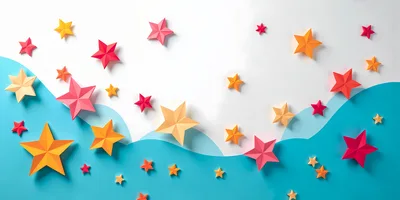 Paper Origami Stars on Blue and White Background