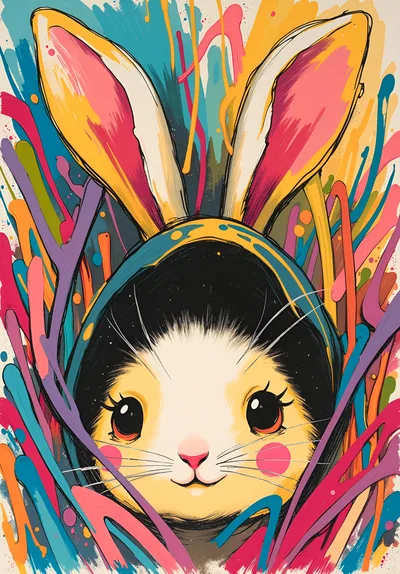Whimsical Bunny Character With Colorful Abstract Paint Splatters