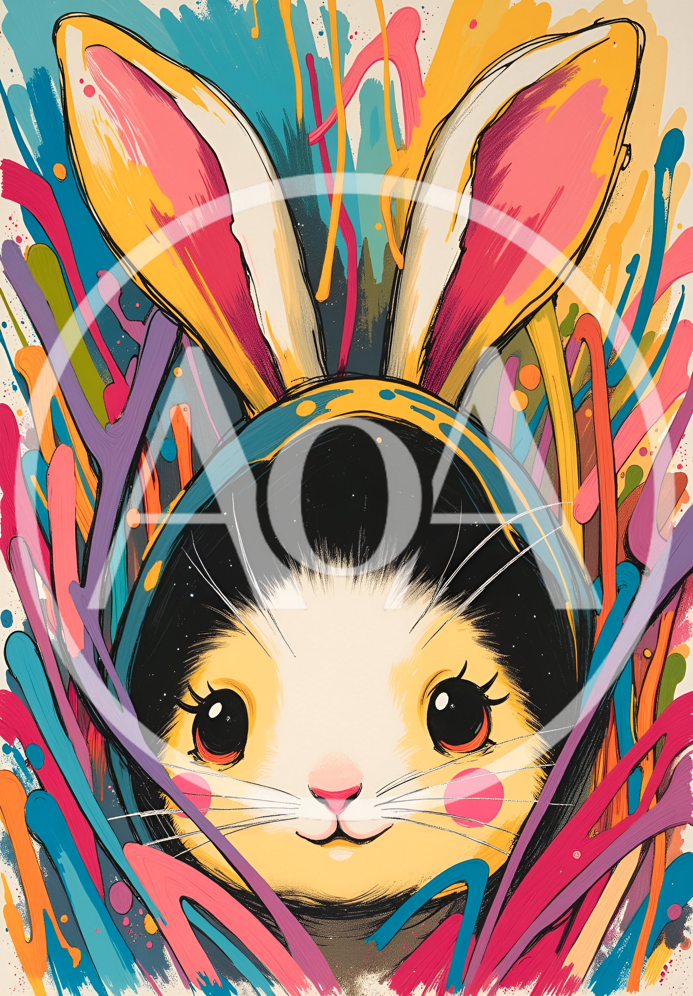 Whimsical Bunny Character With Colorful Abstract Paint Splatters