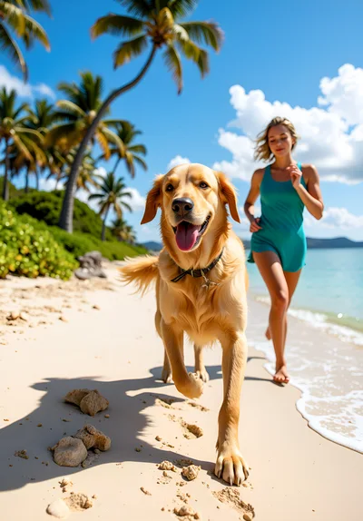 Woman Running With Golden Retriever On Tropical Beach
