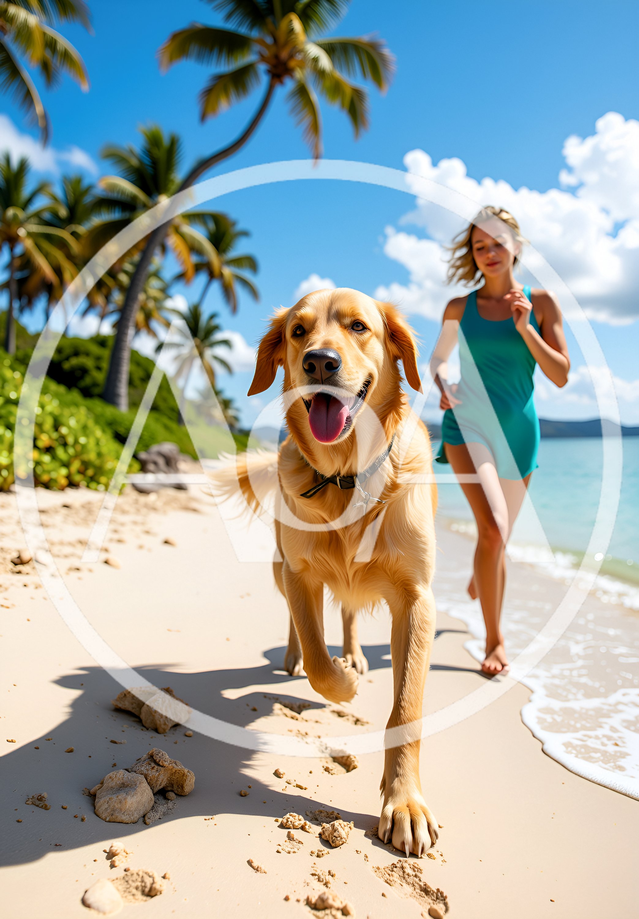 Woman Running With Golden Retriever On Tropical Beach