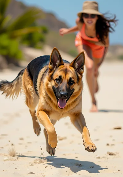 German Shepherd Dog Running With Woman On Beach