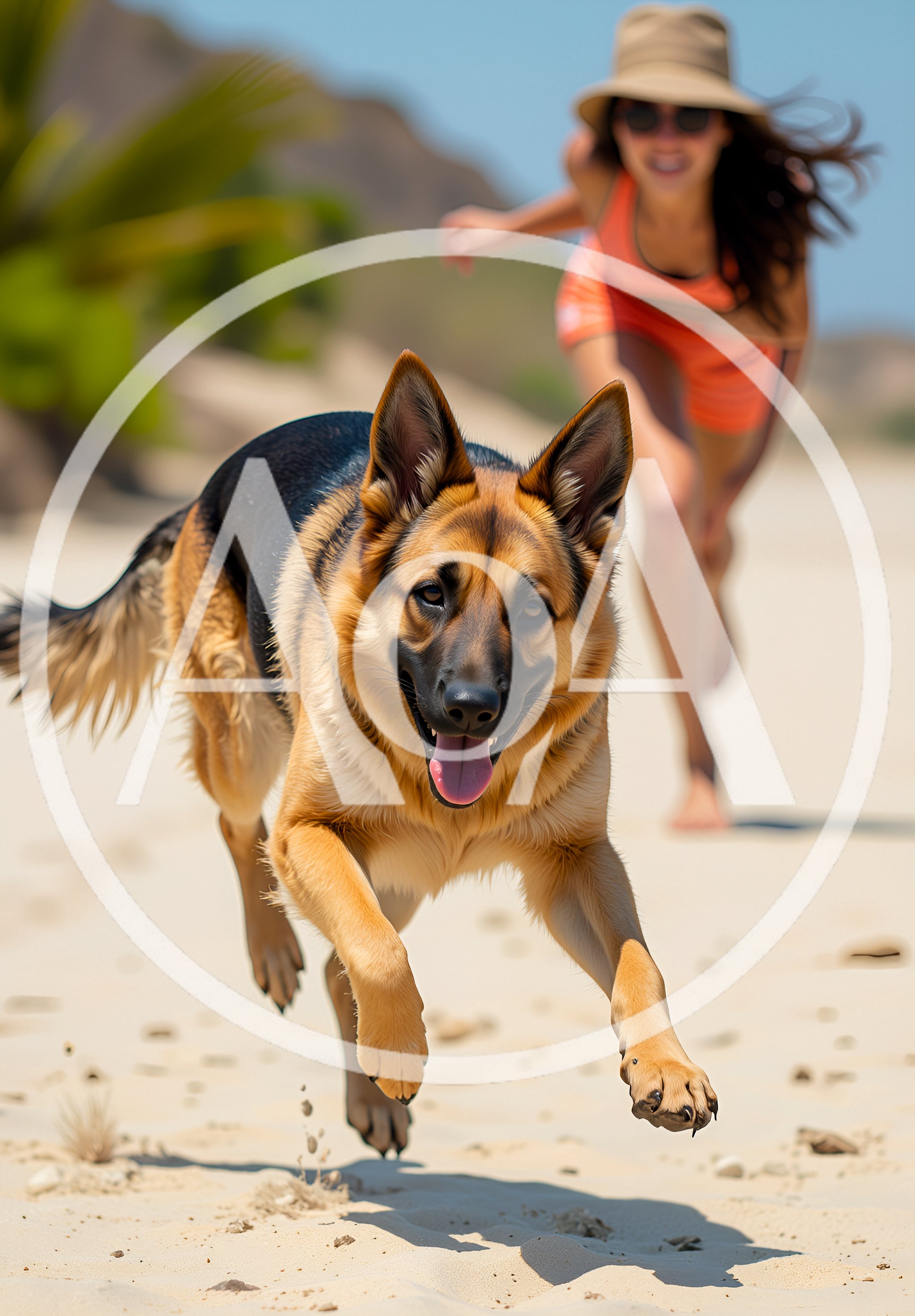 German Shepherd Dog Running With Woman On Beach