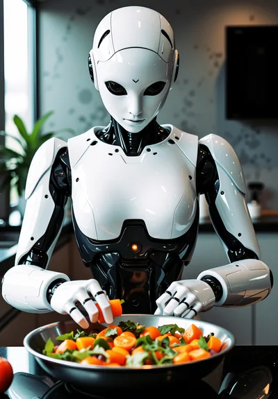 Humanoid Robot Preparing Fresh Vegetable Salad In Kitchen