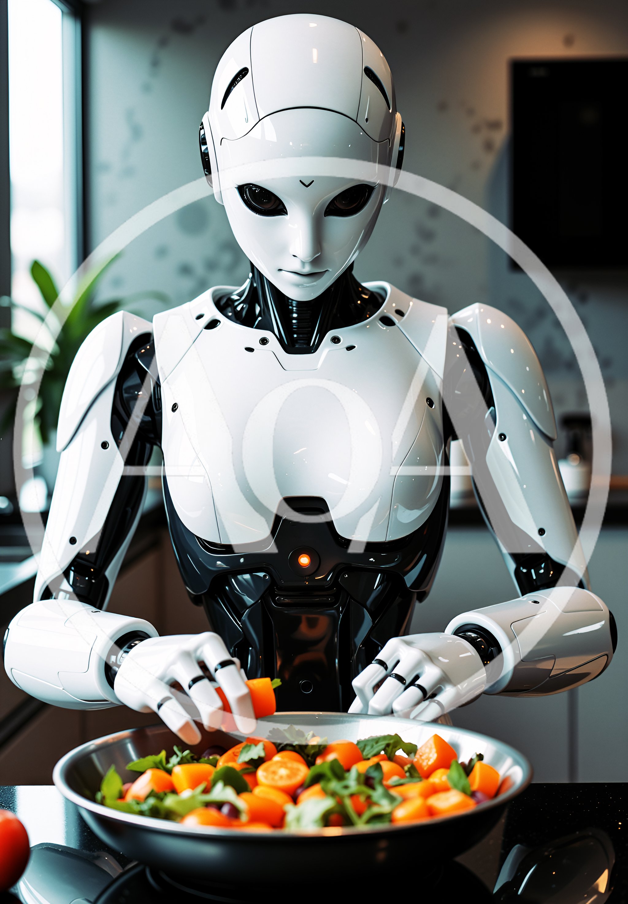 Humanoid Robot Preparing Fresh Vegetable Salad In Kitchen