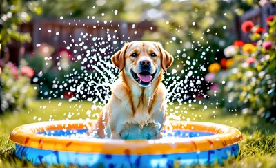 Golden Retriever Playing in a Backyard Kiddie Pool