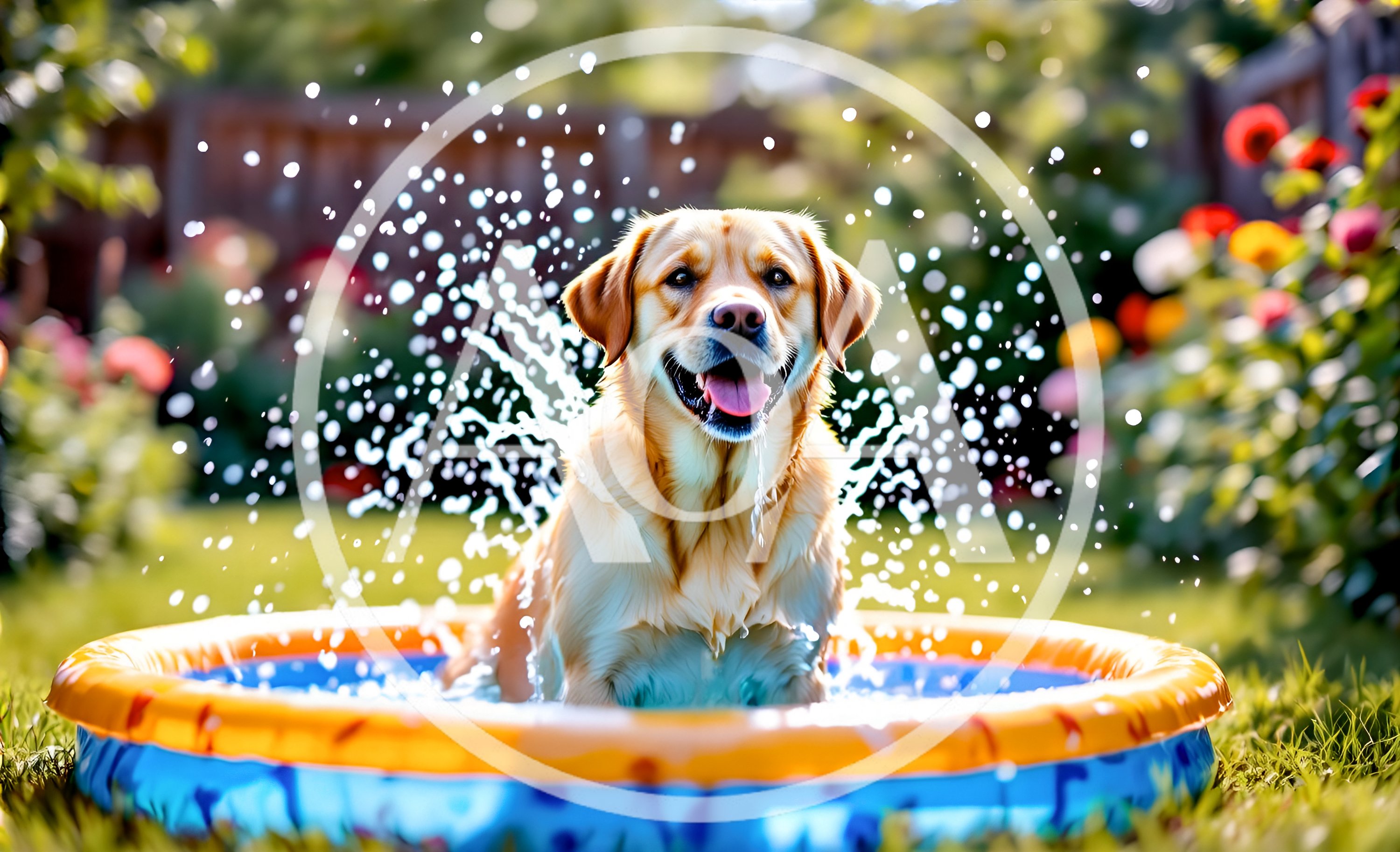 Golden Retriever Playing in a Backyard Kiddie Pool
