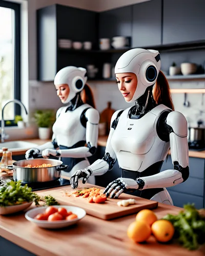 Two Humanoid Robots Preparing Food In A Modern Kitchen