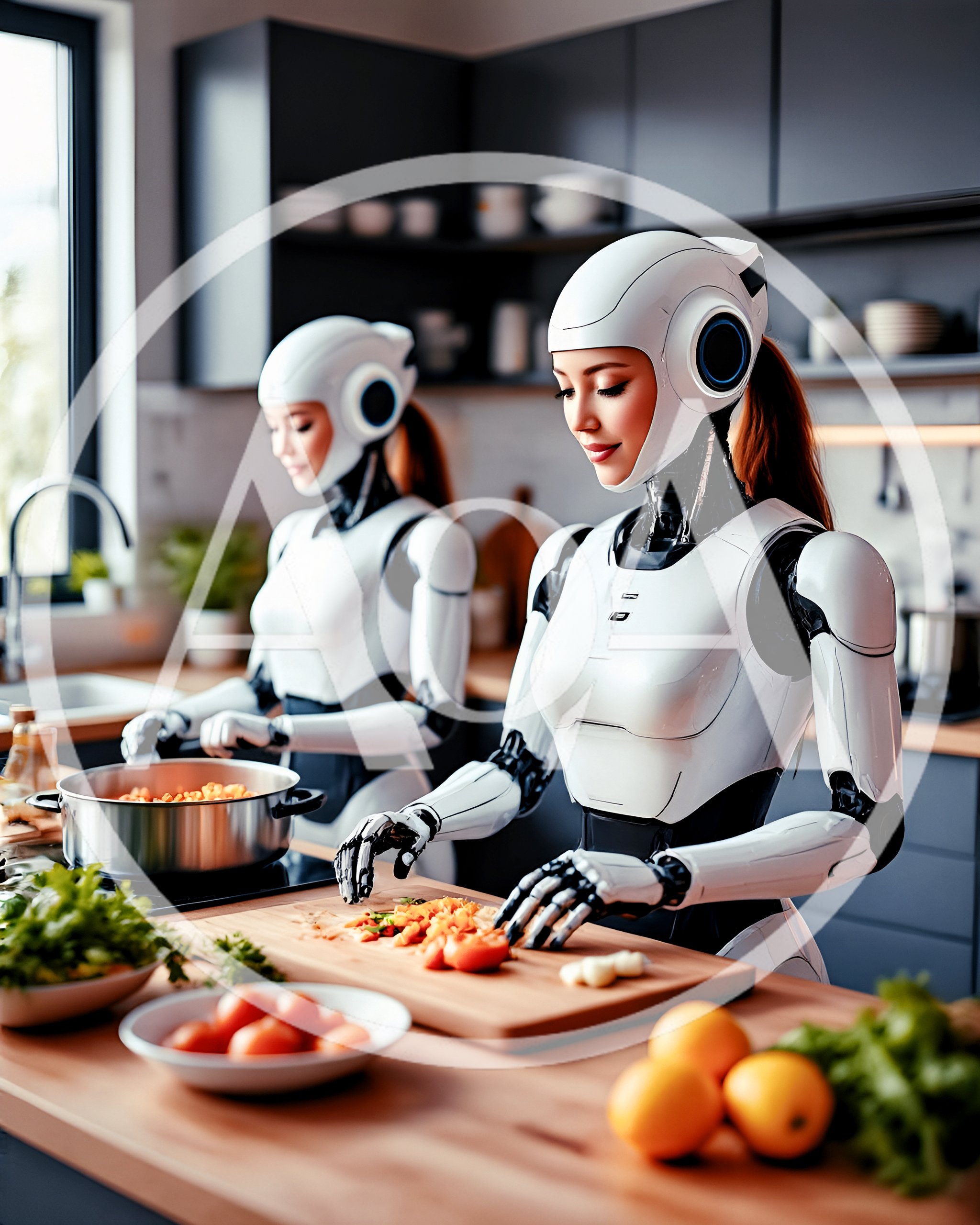 Two Humanoid Robots Preparing Food In A Modern Kitchen