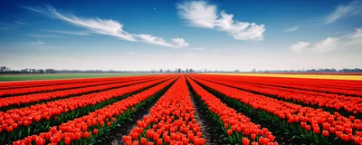 Vast Field Of Vibrant Red Tulips In The Netherlands