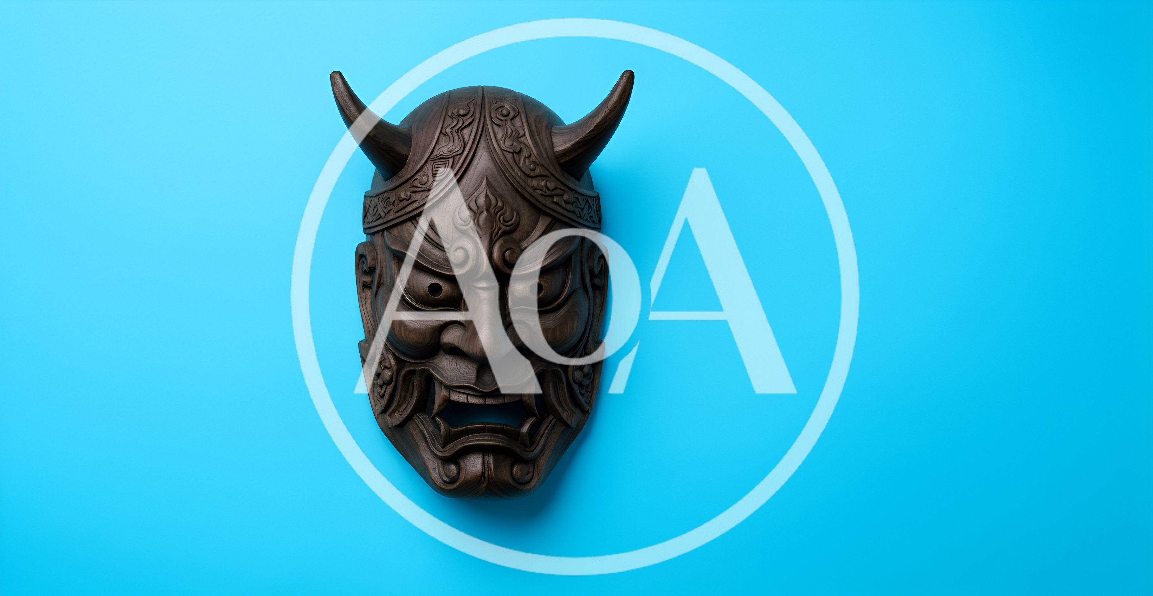 Wooden Japanese Hannya Mask on Blue Background