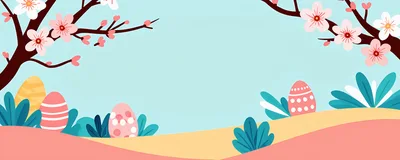 Easter Background With Decorated Eggs And Cherry Blossoms