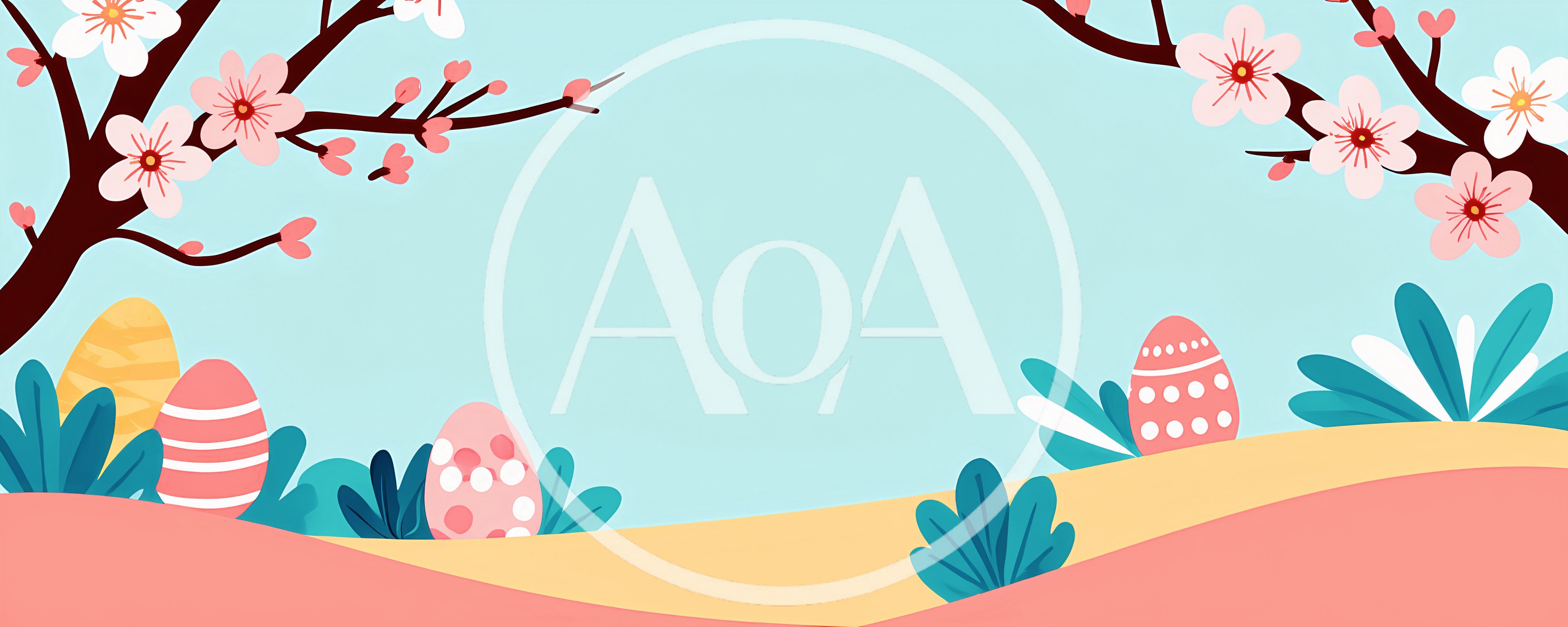Easter Background With Decorated Eggs And Cherry Blossoms