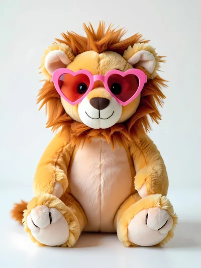 Plush Lion Toy Wearing Pink Heart Shaped Sunglasses