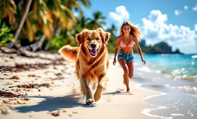 Golden Retriever Running With Woman On Tropical Beach