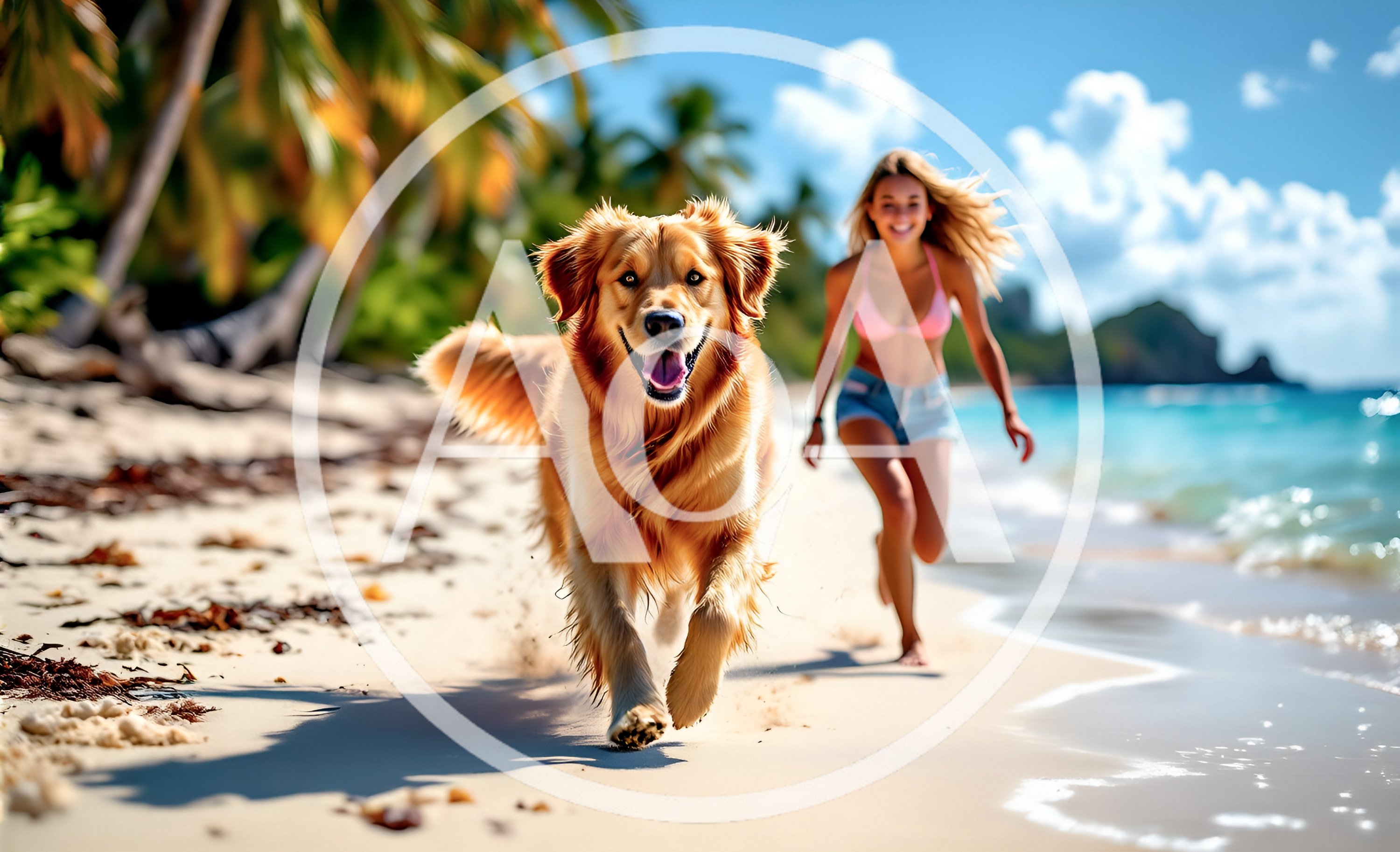 Golden Retriever Running With Woman On Tropical Beach