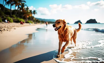 Golden Retriever Running Along Tropical Beach Shoreline