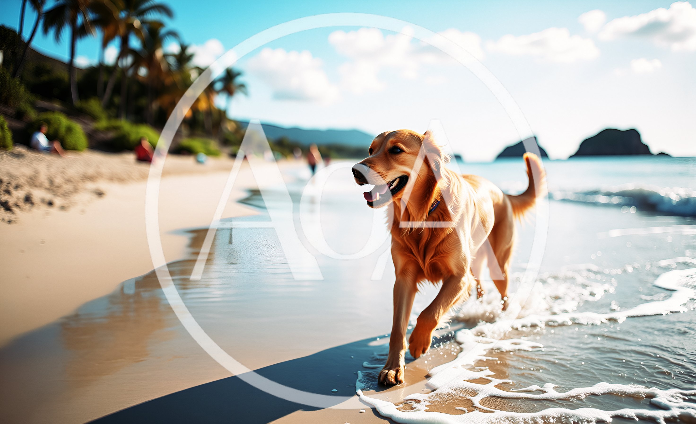 Golden Retriever Running Along Tropical Beach Shoreline