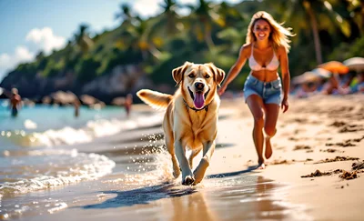 Golden Retriever Running With Woman On Tropical Beach