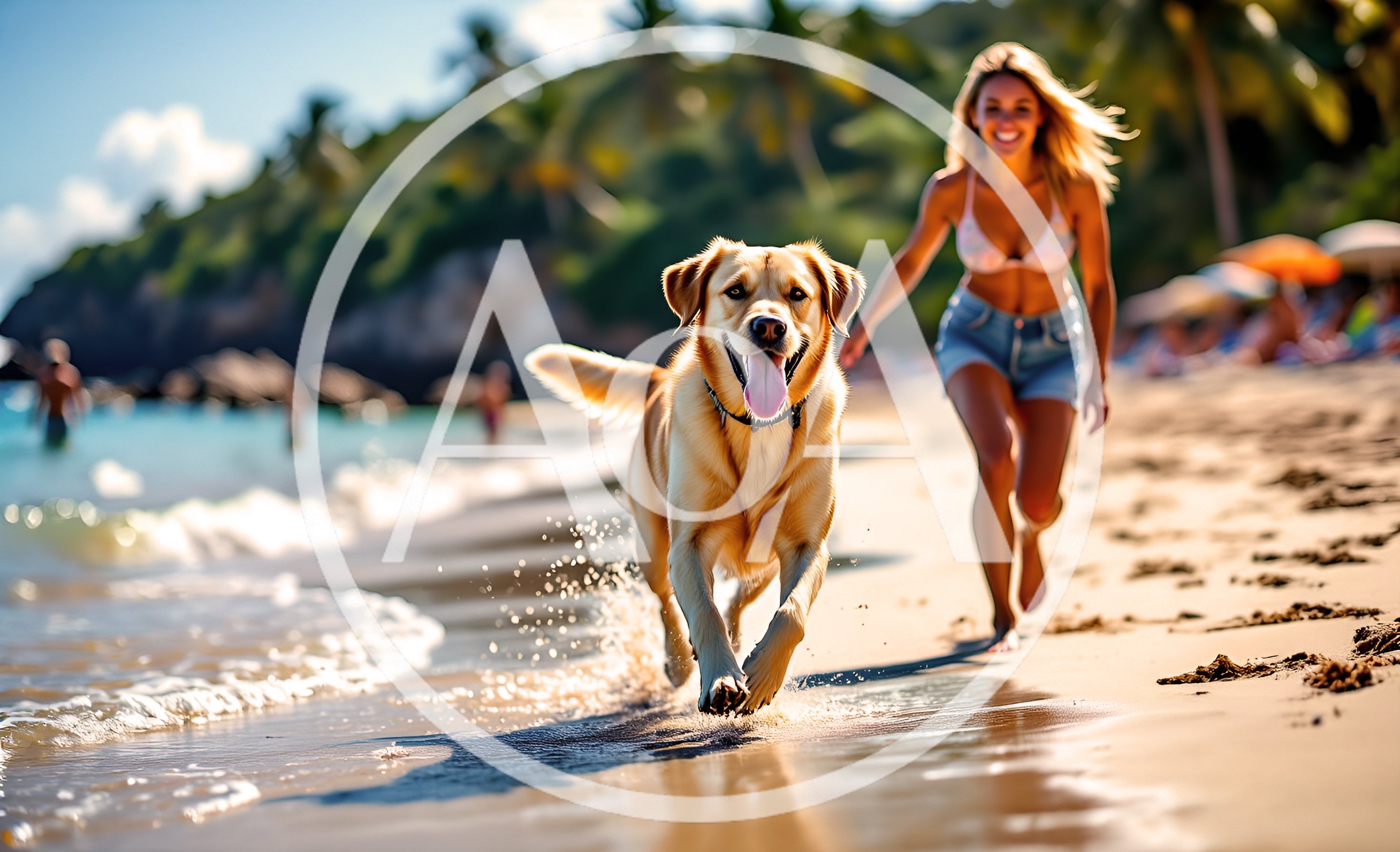 Golden Retriever Running With Woman On Tropical Beach