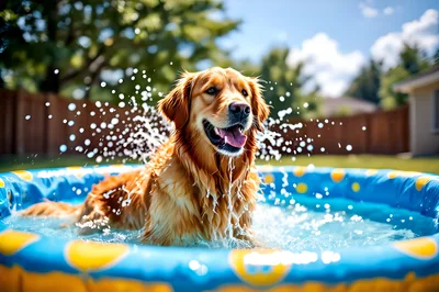 Golden Retriever Playing In A Backyard Kiddie Pool