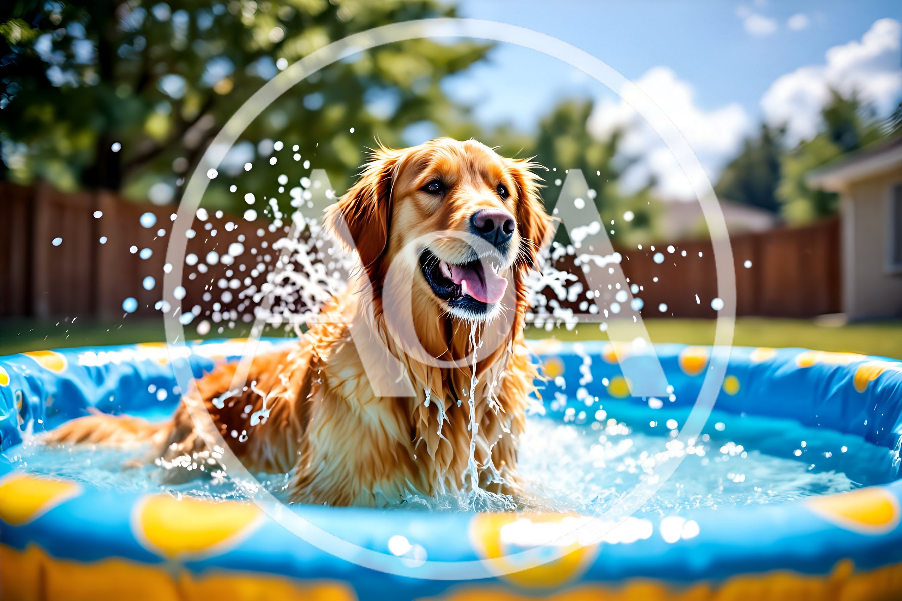 Golden Retriever Playing In A Backyard Kiddie Pool