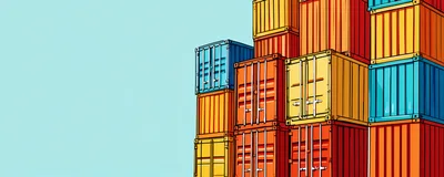 Stacked Colorful Shipping Containers Against Light Blue Background