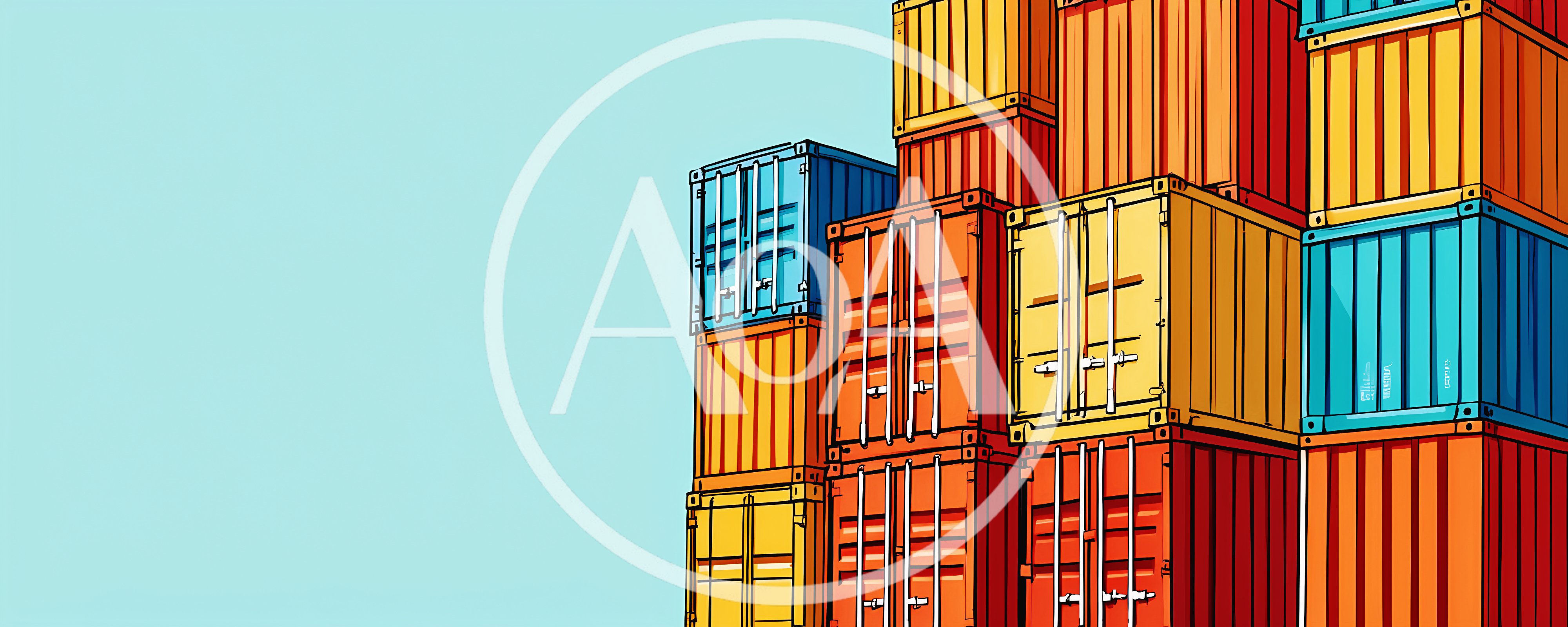 Stacked Colorful Shipping Containers Against Light Blue Background