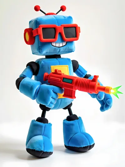 Blue Toy Robot Holding A Red Plastic Toy Gun